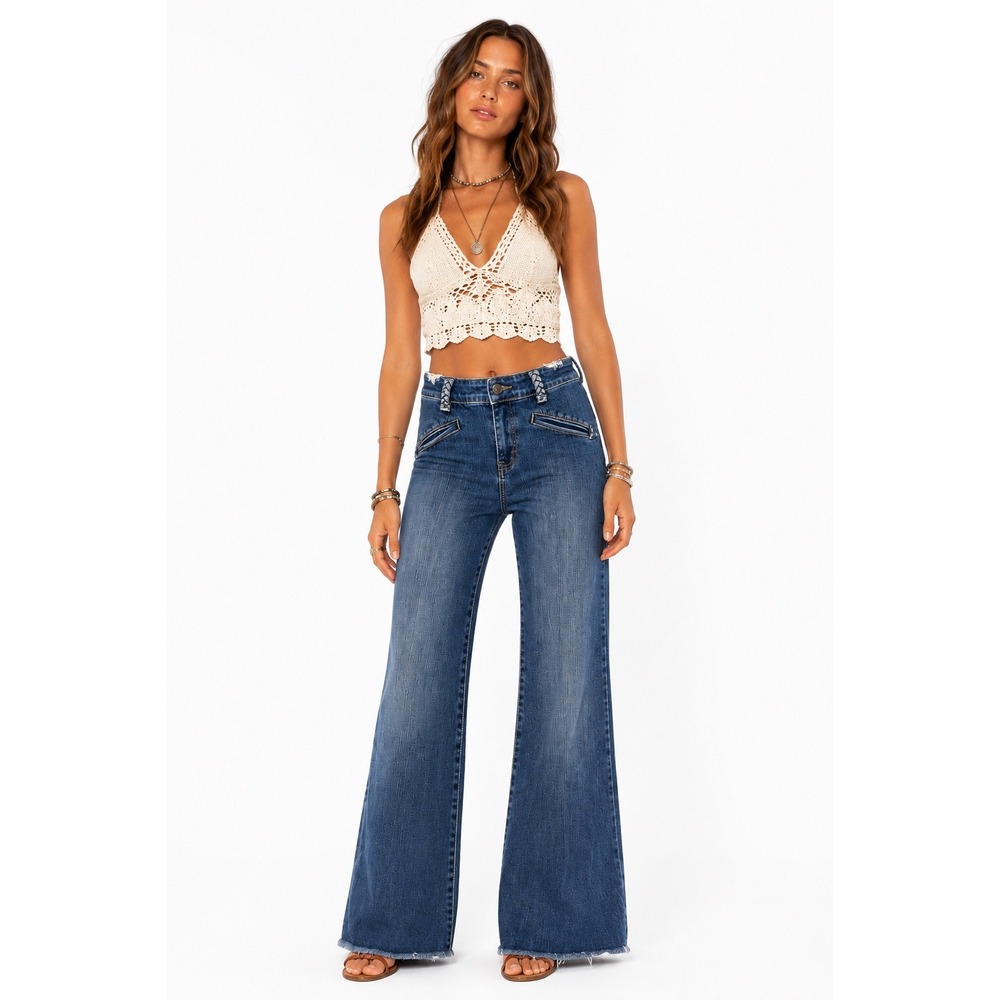 Tommy Hilfiger Vintage '05 Wide Leg Flare Jeans Fray Hem Y2K Festival Streetwear